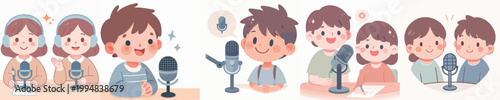 vector of a little boy doing a podcast