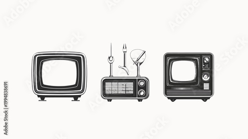 Vintage illustrations of television sets and radio with antenna in a monochrome style against a white background