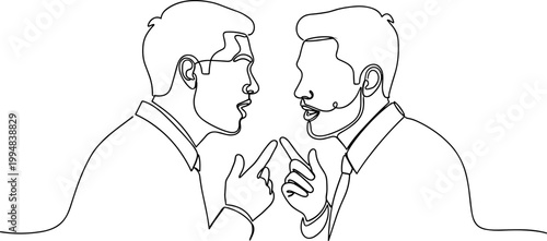 Two businessmen arguing, continuous line drawing, minimal style, communication concept