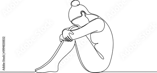Minimalist line art of a woman hugging knees, conveying introspection, loneliness, or comfort.