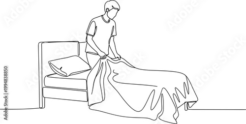Man Making Bed, Continuous Line Drawing, Simple Bedroom Scene