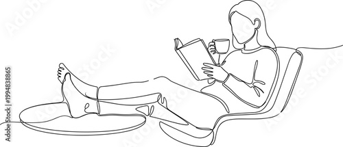 Continuous line drawing of a woman reading a book and drinking coffee while relaxing in a chair.