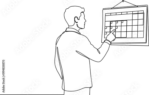 Businessman pointing at calendar, planning schedule, time management concept, sketch illustration