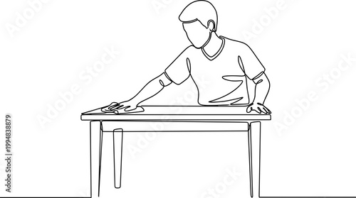 Man wiping a table with a cloth, clean surface, hygiene concept, line art illustration.