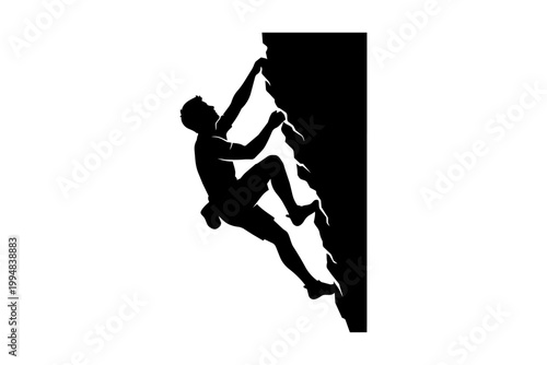 Person rock climbing on a vertical black wall with handholds isolated on transparent background, Vector