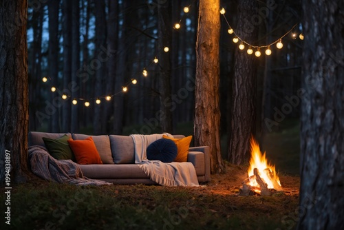 Cozy Setup With Lights, a Sofa, and a Campfire in a Forest at Night