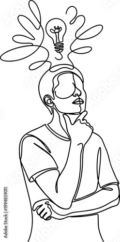 Person Thinking, Light Bulb Idea Concept, Single Line Drawing, Innovation Brainstorm