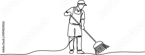 Line Art of a Person Sweeping with a Broom, Minimalist Cleaning Concept