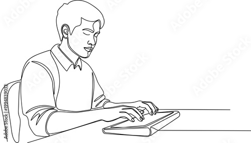 Foto Young Man Typing on Laptop Keyboard, One Line Drawing, Minimalist Style, Working