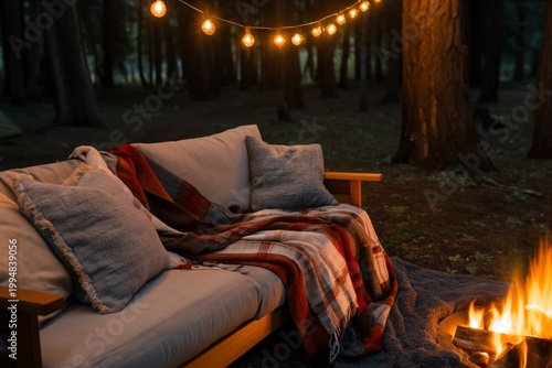 Cozy Setup With Lights, a Sofa, and a Campfire in a Forest at Night