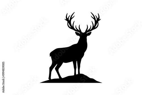 Black silhouette deer with large antlers standing on a small hill isolated on transparent background, Vector