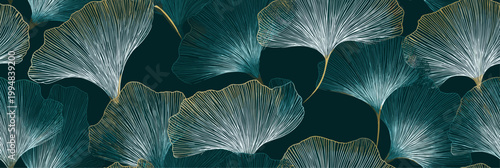 Abstract pattern featuring teal and white fan shapes with golden highlights on a dark teal background. Fan-shaped lines seamless pattern with golden accents