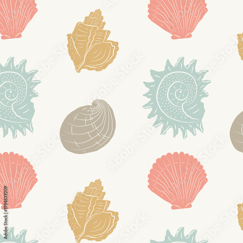 Cute seamless pattern with hand drawn seashells in pastel colors. Trendy sea nautical design with shells for summer prints. 