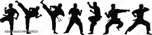 Martial arts silhouettes collection karate fighters performing kicks punches and combat stances dynamic action poses isolated on white background