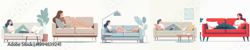 vector of a woman sitting relaxing on a sofa