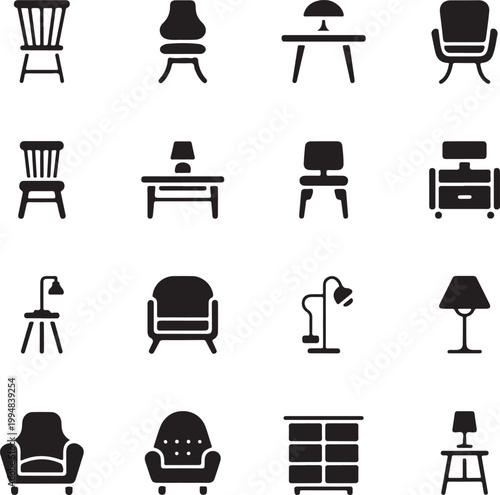 Minimal Furniture Icon Set Black Silhouette Interior Decor Vector Bundle