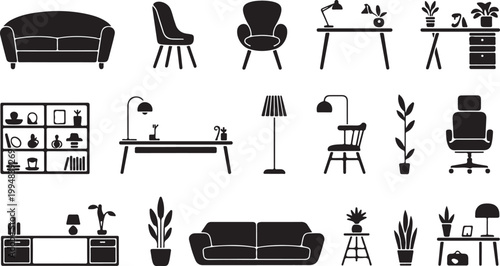 Furniture Silhouette Bundle Set Modern Interior Icons Black Vector Collection
