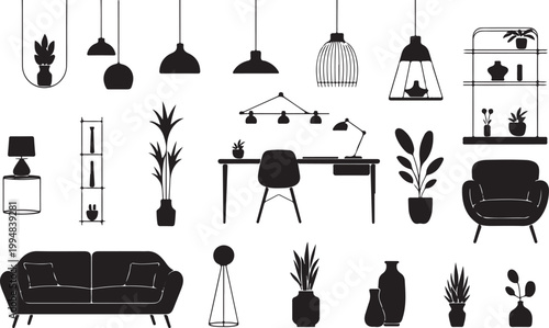 Interior Furniture Silhouette Collection Living Room Office Vector Icons Set