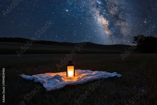 Stars Shine Bright Over a Lantern on a Blanket in an Open Field at Night