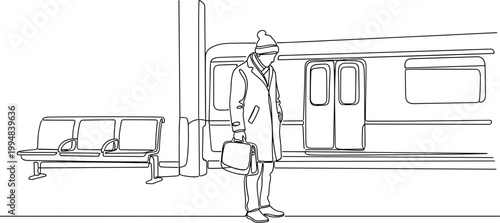 Man with briefcase waiting for train at subway station, line art illustration