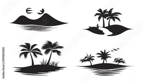 Black and white illustration of tropical islands with stylized palm trees and natural elements