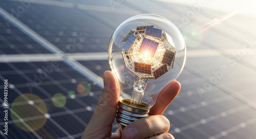 Hand holding glowing light bulb with solar panel cityscape reflection for green energy innovation