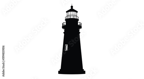 A striking silhouette of a tall classic lighthouse stands against a clean bright white background high quality professional