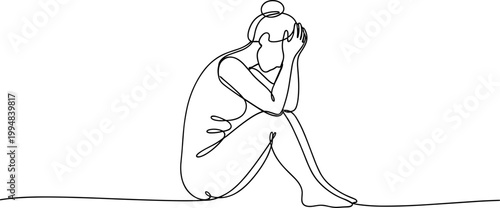 Single Line Drawing of a Woman Sitting in Distress, Head in Hands