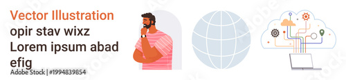 Technology innovation, global connectivity, digital transformation, cloud data, problem-solving, decision-making. A man in thought, a globe and a cloud setup with icons. Global connectivity