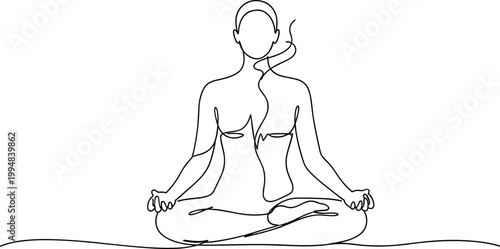 Continuous Line Art of Woman Meditating in Lotus Pose, Minimalist Zen Illustration