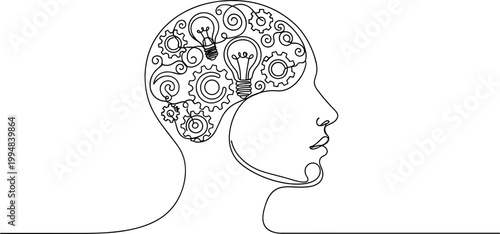 Continuous line drawing of human head with gears and light bulbs inside, symbolizing ideas and creativity.
