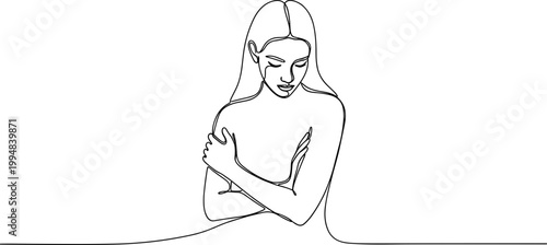 Minimalist line art of a thoughtful woman embracing herself, elegant single line drawing