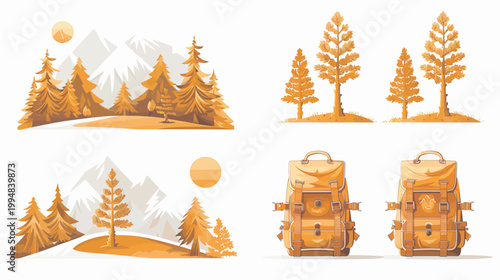 Autumnal landscape scene with backpacks, trees, mountains, and sun, in orange hues