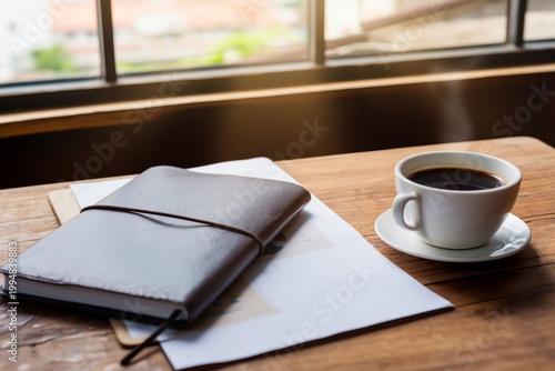 Coffee Cup and Notebook on Wooden Table Near Window in Caf During Morning Hours