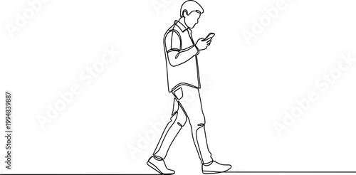 Man walking and using smartphone, minimalist line art illustration