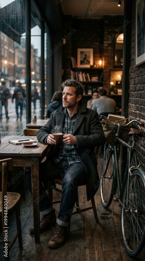 Obraz premium Man sipping coffee while seated at wooden table inside cozy brick-walled café during rainy day