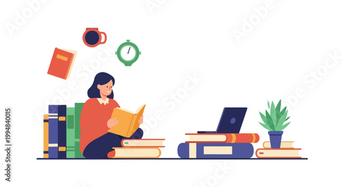 A young woman sits on the floor surrounded by numerous books, reading intently while a coffee cup and clock float in the air above her.