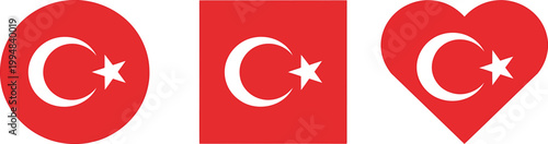 Turkish flag symbols in circle square and heart shapes on white background