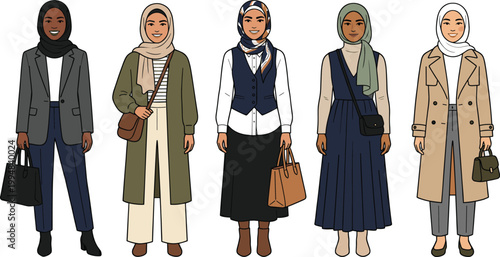 Collection of diverse Muslim women wearing stylish modest fashion hijab and professional business attire