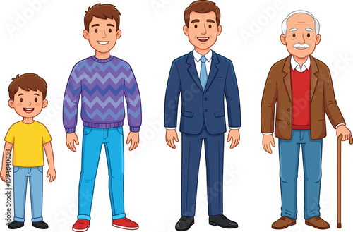 Male Aging Process Illustration Showing Boy Teenager Adult and Senior Man Standing Together Vector Design