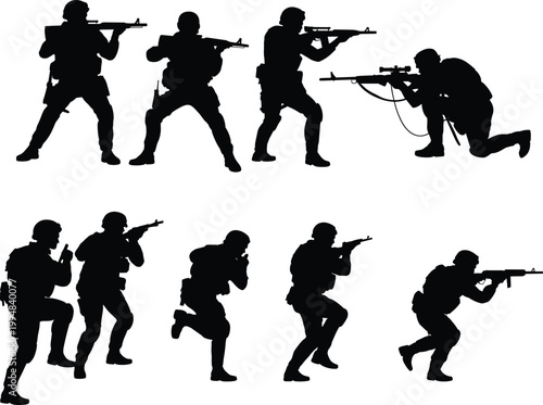 Set of military soldier silhouettes in combat poses aiming rifles isolated on white background army tactical operation and defense concept