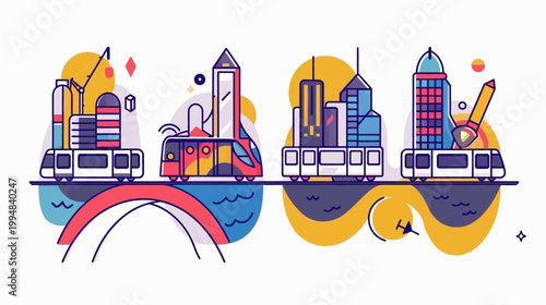 A stylized image of trains carrying city buildings on bridge and over water, flat vector