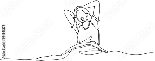 Minimalist line art of a woman stretching and tying her hair