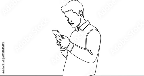 Man Using Smartphone, Minimalist Line Art Drawing, White Background