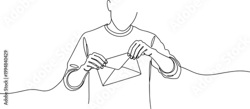 Continuous line drawing of a person opening an envelope, minimal art style