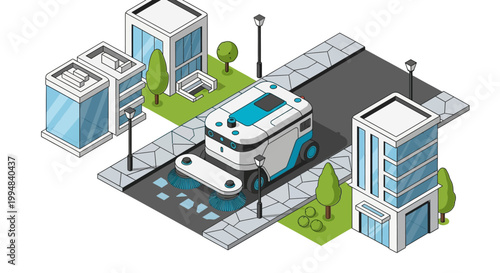 Autonomous Robotic Street Sweeper Cleaning Modern Smart City Isometric Illustration