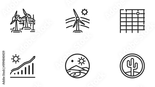 Eco-Friendly Icons: A collection of minimalist, line-art icons that embody the core concepts of sustainable living, including wind energy and environmental consciousness.