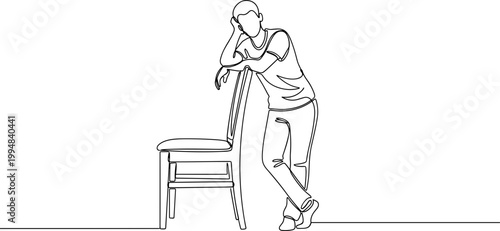 Continuous line drawing of a young man leaning on a chair, minimalist style, white background