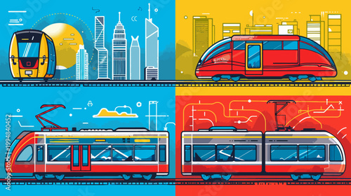 Four different color block sections each with a graphic style image of a train