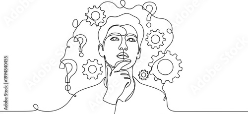 Man thinking, gears and question marks, continuous line art, concept of problem solving and contemplation